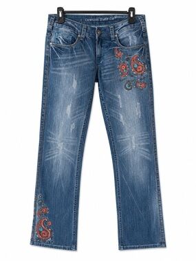 Cowgirl Tuff Blue Denim Wide-Leg Jeans with Orange Paisley Embroidery